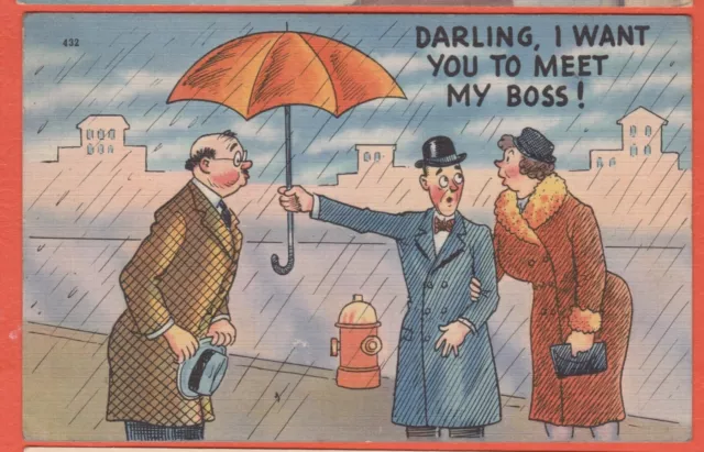 Comic postcar/Man holding umbrella over "boss"/ introducing wife to his boss