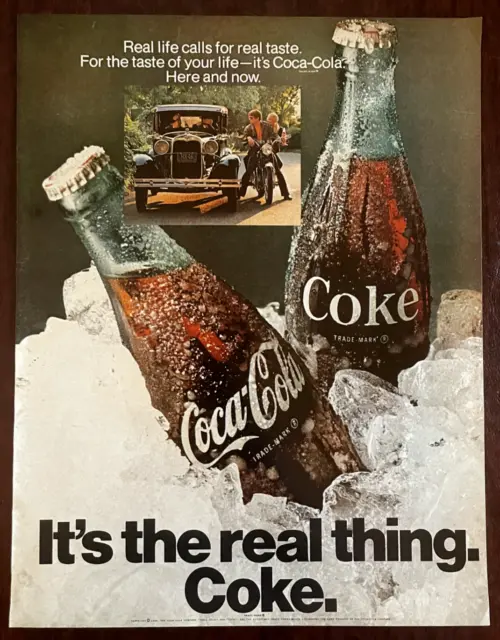 1970 COKE Vintage Print Ad Coca Cola Soda Ice Car Motorcycle Real Thing