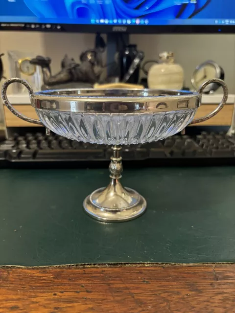 Vintage Made In England Silver Plated Cut Glass Footed Bowl