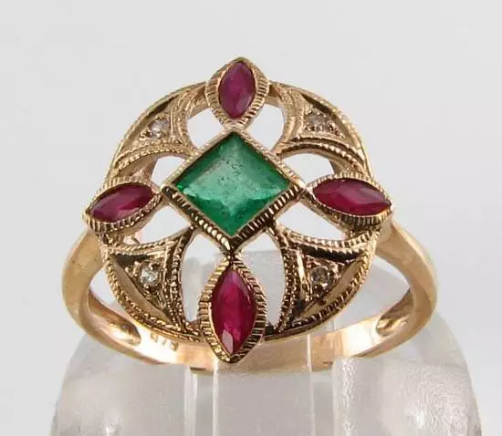 BIG 9K 9CT GOLD EMERALD RUBY DIAMOND CLUSTER ART DECO INS RING Size P