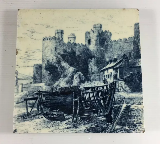Antique Minton China Works Blue Tile Transferware Conwy Castle 15.3cm X 15.3cm