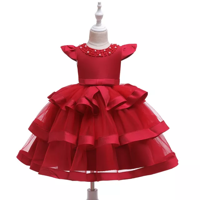 Bambina Abito Vestito Principessa Perline Cerimonia Festa Ballo 4-8anni Rosso 03