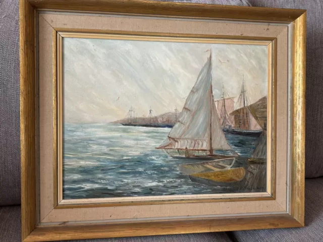 MCM Original SIGNED Oil Painting Framed Harbor Ships Boats Seascape Harbor