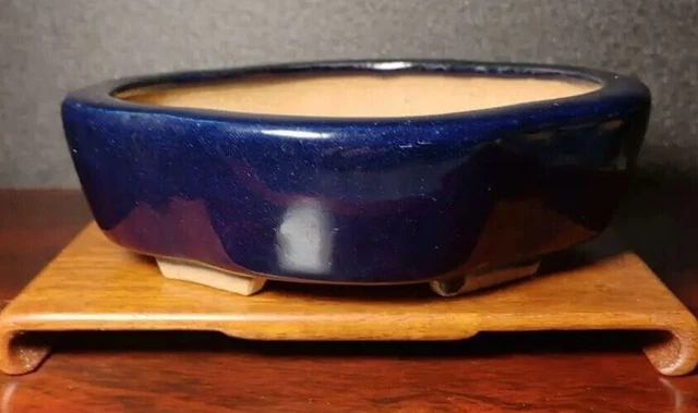Japanese TOKONAME Bonsai pot HATTORI signed blue glazed MOKKO Diamond w5.5"