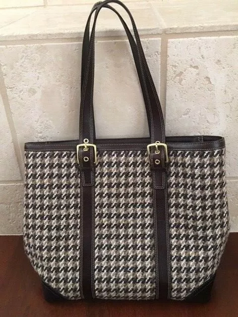Coach brown plaid / tweed tote bag wool & leather L/XL (E06J-F10199)