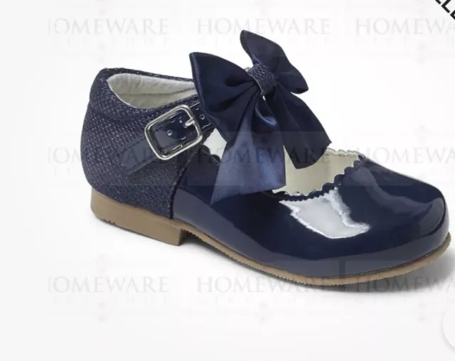 Girls  Mary Jane Shoes Satin Bows Navy Patent Occasion Wedding Kids Uk 1