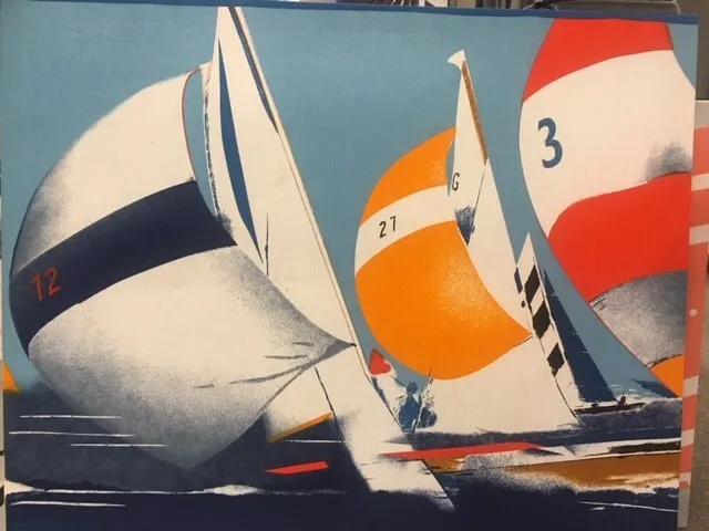 Int'l Printworks Fabric Wallhanging Sailboats Vintage Retro Mid Century Art Deco
