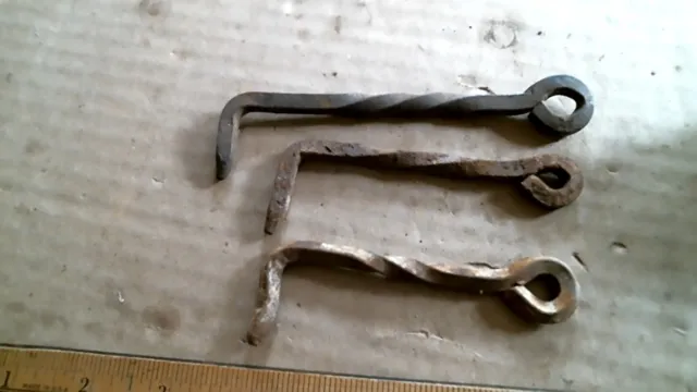 3 Hand forged Twist  Spiral Gate Hooks antique vintage old hardware blacksmith