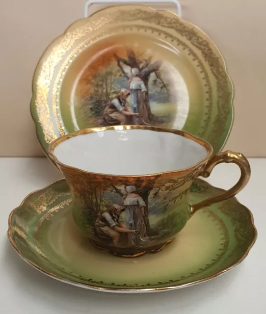 Antique European Cup Saucer & Plate Shield Mark c1900s Rural Scene Working Women