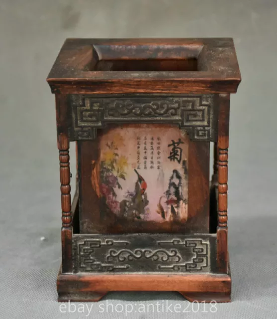 6"China Huanghuali Wood Carved Plum orchid bamboo chrysanthemum Hollow Brush Pot