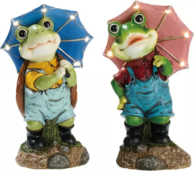 Frog & Turtle Garden Decor Outdoor Statues Sculpture with Umbrella Solar Lights