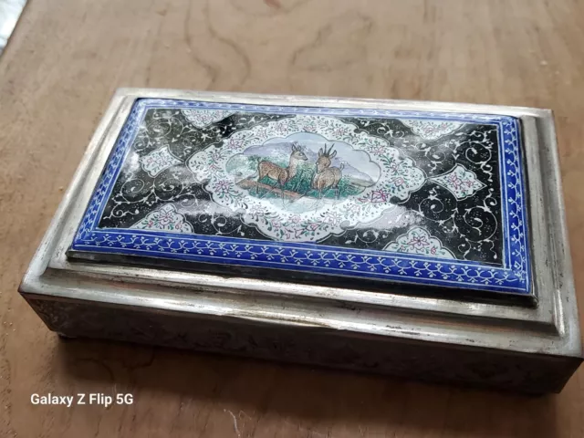 Exceptional Middle Eastern Silver Enamel Pictorial Vanity Box Mina Kari