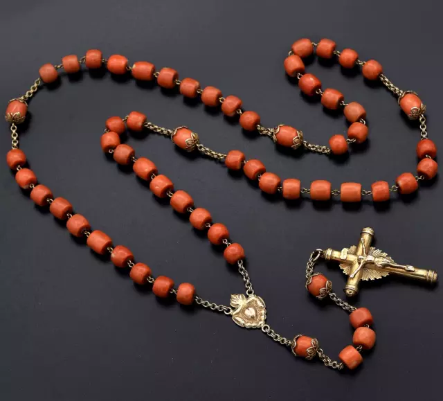Antique 10K Yellow Gold Red Coral Strand Beaded Cross Rosary Necklace 105 Grams