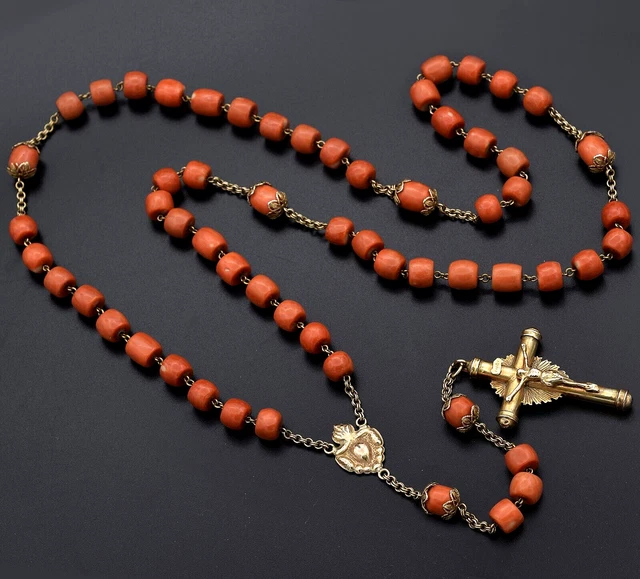 Antique 10K Yellow Gold Red Coral Strand Beaded Cross Rosary Necklace 105 Grams Antique 10K Yellow Gold Red Coral Strand Beaded Cross Rosary Necklace 105 Grams