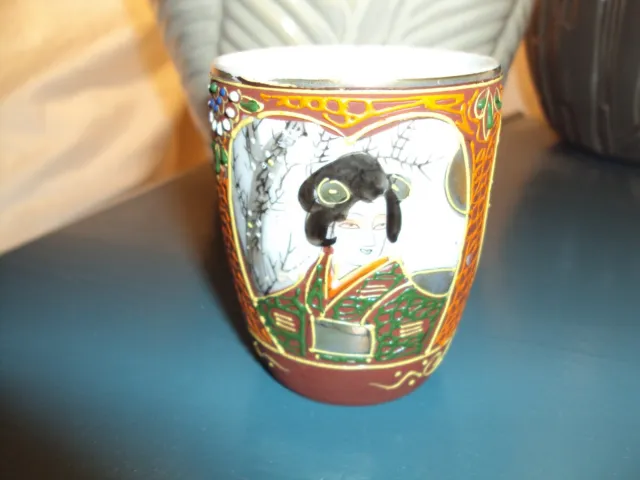 Kutani Vintage Sake/Tea Cup Hand Painted-Signed (3) Geishas- Excellent Condition