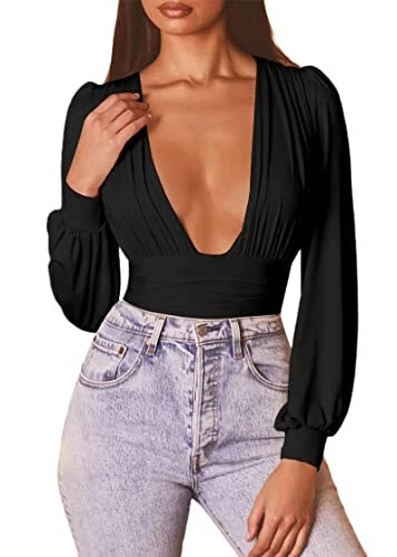 Hilinker Womens  Deep V Neck Long Sleeve Bodysuit Ruched Leotard Tops Black