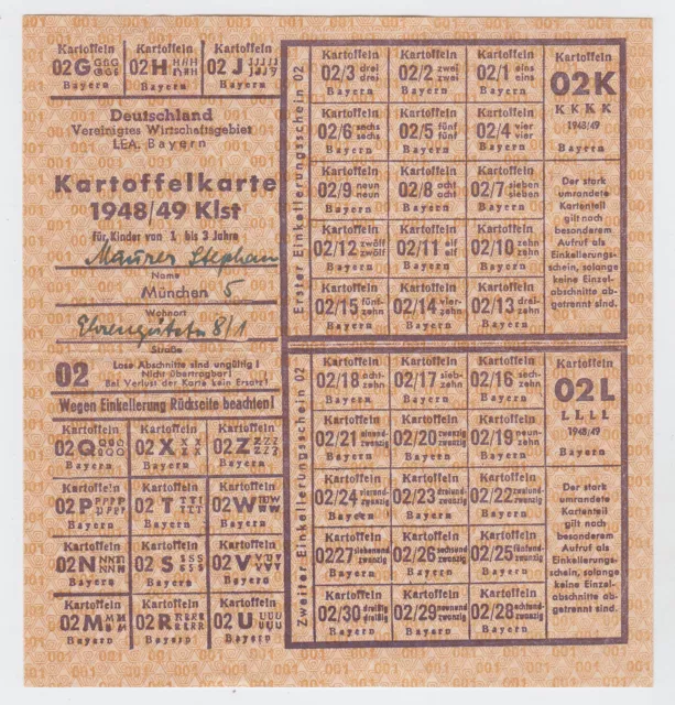 Kartoffelkarte, Lebensmittelkarte, München 1948/49 Für Kinder 1 - 3 Jahre (29)