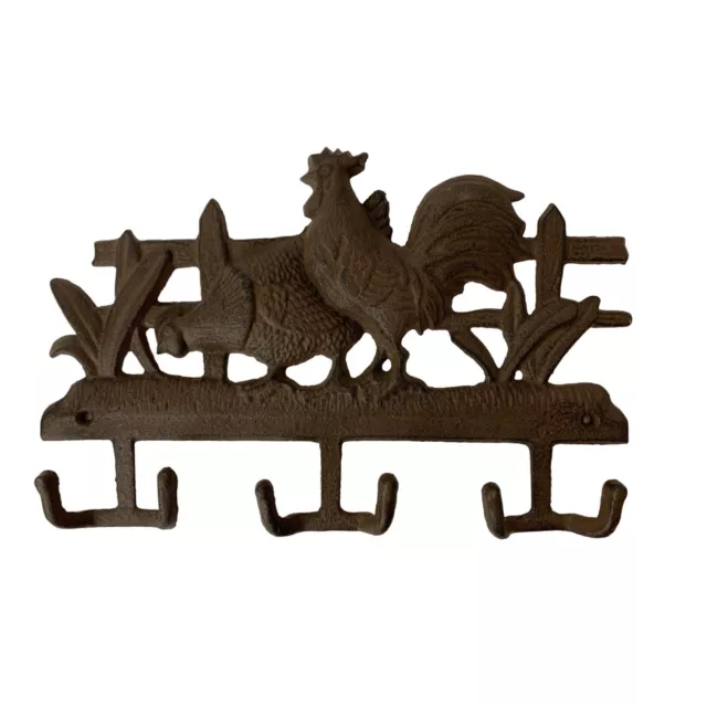Vintage Cast Iron Rooster Chicken Coat Hooks Rustic Farmhouse Kitchen Mudroom