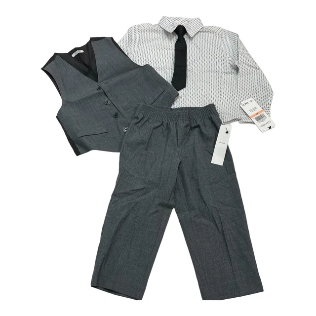 Calvin Klein Boys 2T 4 Piece Formal Suit Set Vest Shirt Tie Pants Gray