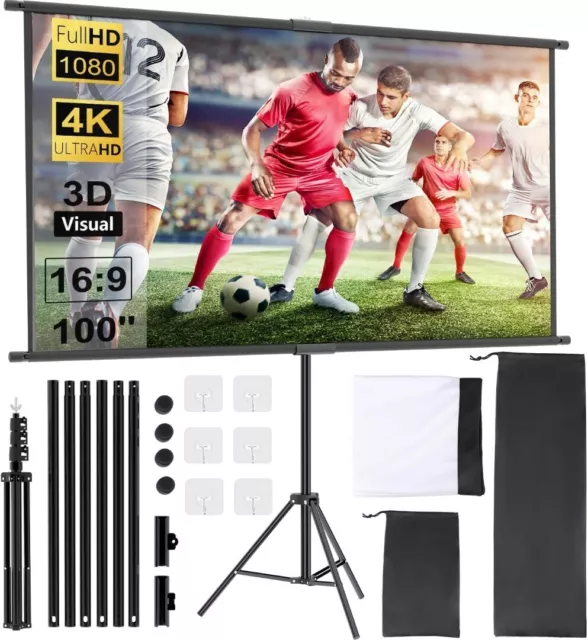 Screen Projector with Tripod 100 Inches, 16:9 HD Screen Extendible, Portable