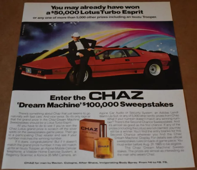 1985 Print Ad CHAZ For Men Cologne Lotus Turbo Esprit Car Sweepstakes man hat