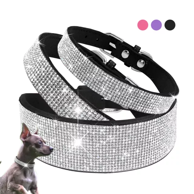 Bling Rhinestones Diamante Pet Dog Collar Soft Suede for Small Medium Large Dogs