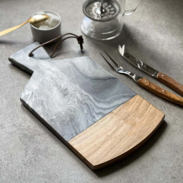 Grauer Marmor und Akazienholz Käsebrett - 35 cm x 18 cm