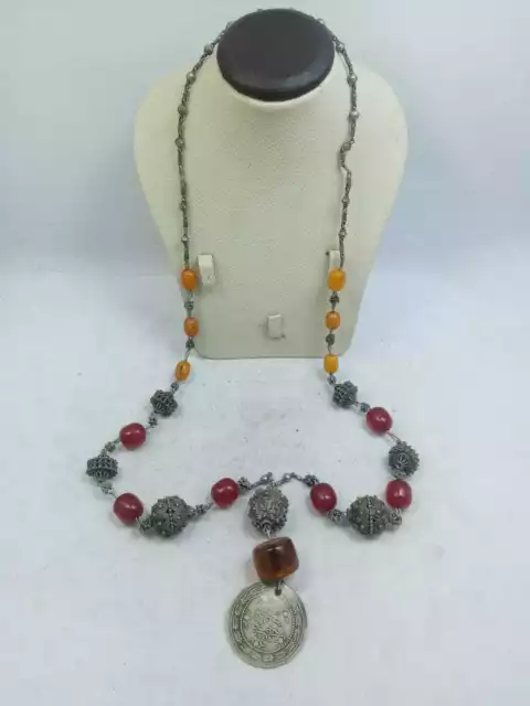 Antique Ottoman Amber Faturan Bakelite Silver Necklace Handmade Natural Fine Old