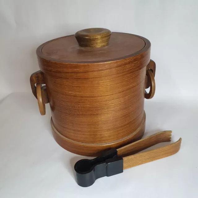 Vintage Japan Saito Teak And Anodised Ice Bucket & Tongs 1960's. Retro, MCM.