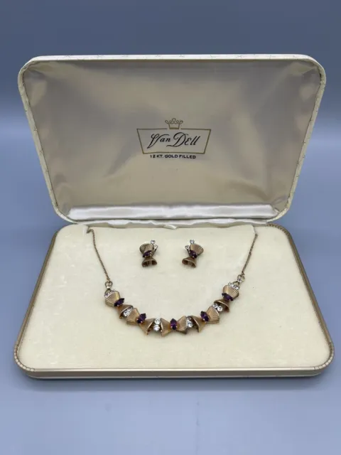 Vintage Van Dell  12kGF  Gold  Purple necklace & screw back earrings set