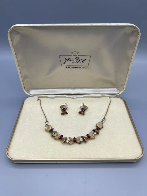 Vintage Van Dell  12kGF  Gold  Purple necklace & screw back earrings set