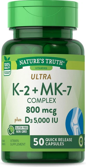 Vitamin K2 Complex Supplement | 800 mcg | 50 Capsules | MK4 MK7 Complex, Non-GMO