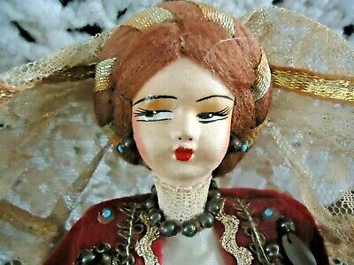 Vintage Greek Doll Figure Woman Folk Art 14" Traditional Dress & Coin jewelry