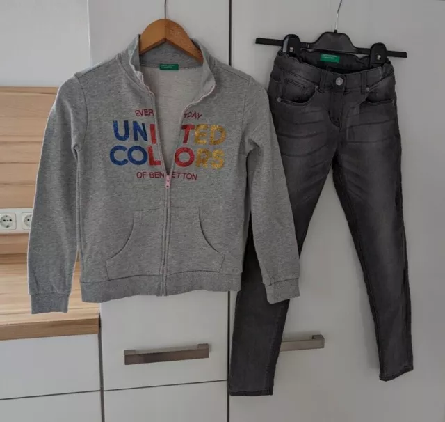 2er Set BENETTON Gr. 140 Jeans Hose Sweatshirt Jacke grau verstellbar WIE NEU!!