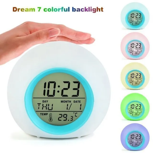 Digital Alarm Clock LED 7 Color Changing Night Light Clock Wake Up Clock Kids UK