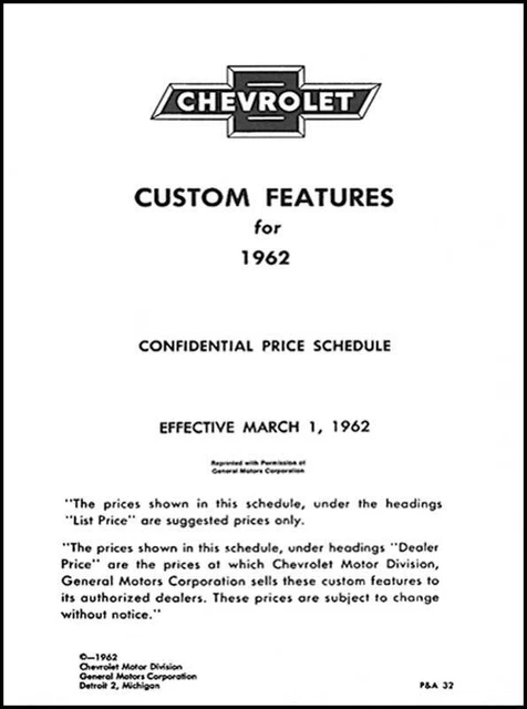 1962 Accessory Parts Price List