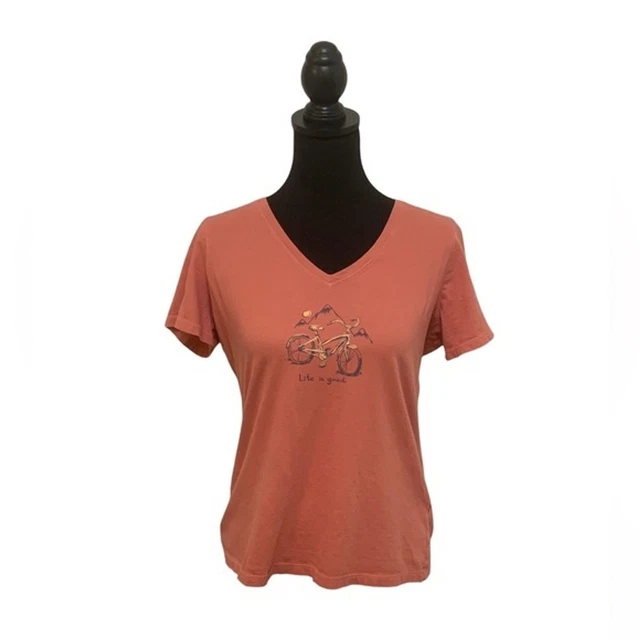 Life is Good Mountains and Bike Burnt Orange T-Shirt Size M