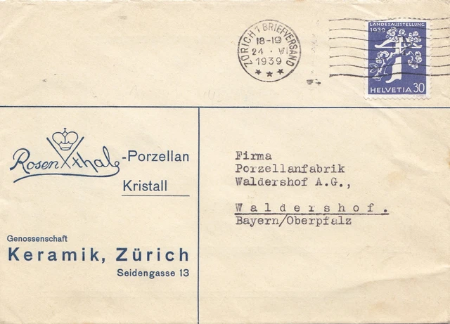 Schweiz: 1939: Zürich nach Waldershof, Keramik, Rostenthal