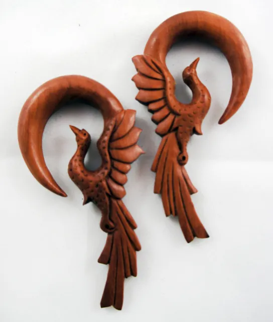 Pair Handmade Organic Sawo Wood Hoop Phoenix Ear Gauge Hangers Plugs 4G-1/2" US