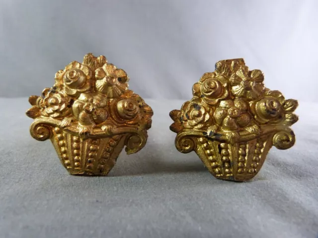 ⭐Antique French curtain tie back brackets Gilded Brass flower basket ⭐