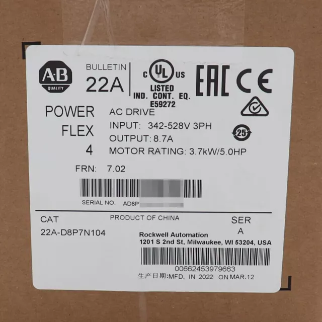 2022 New Factory Sealed AB 22A-D8P7N104 PowerFlex 4 3.7 kW 5 Hp AC Drive In US