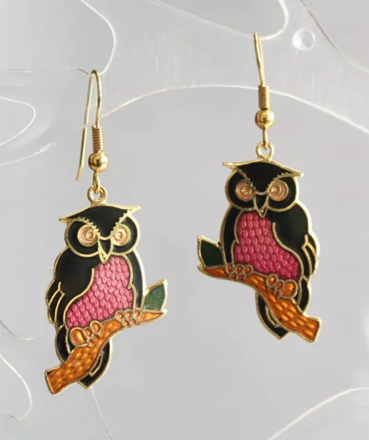 Elegant Black & Rose Genuine Cloisonne Enamel Owl Earrings 1970s Vintage