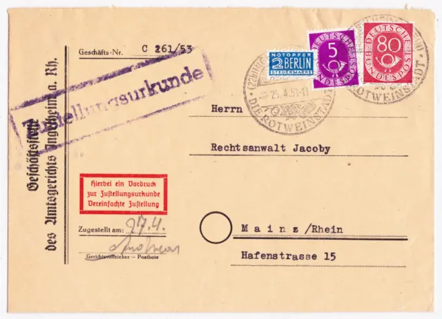 Bund Posthorn, 80 Pf, Mi. 137 + 5 Pf auf Zustellungsurkunde Brief "Ingenheim"