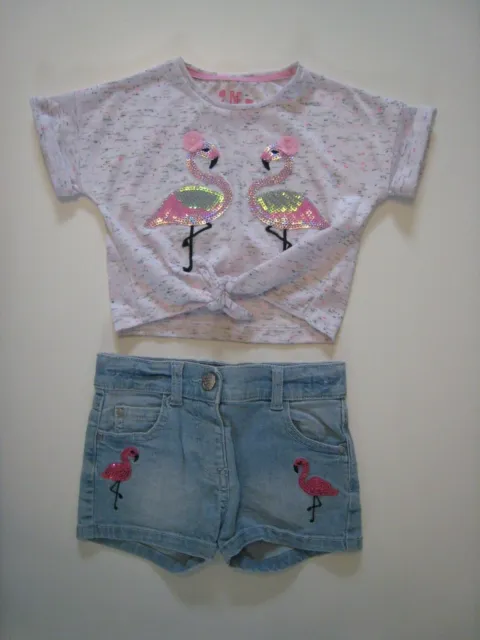 F&F Baby Girls Flamingo Shorts & T-Shirt Top Outfit Set Bundle - 18-24 Months