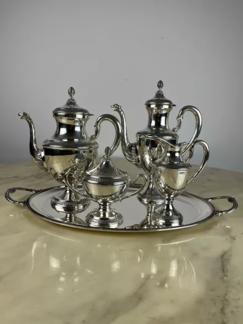 Servizio da tè e caffè 4 pezzi più vassoio,stile impero, argento 800