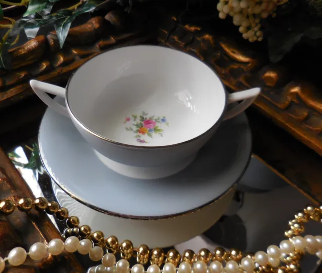 Vintage MINTON bone china GREY & FLORAL CREAM SOUP BOWL & SAUCER Set