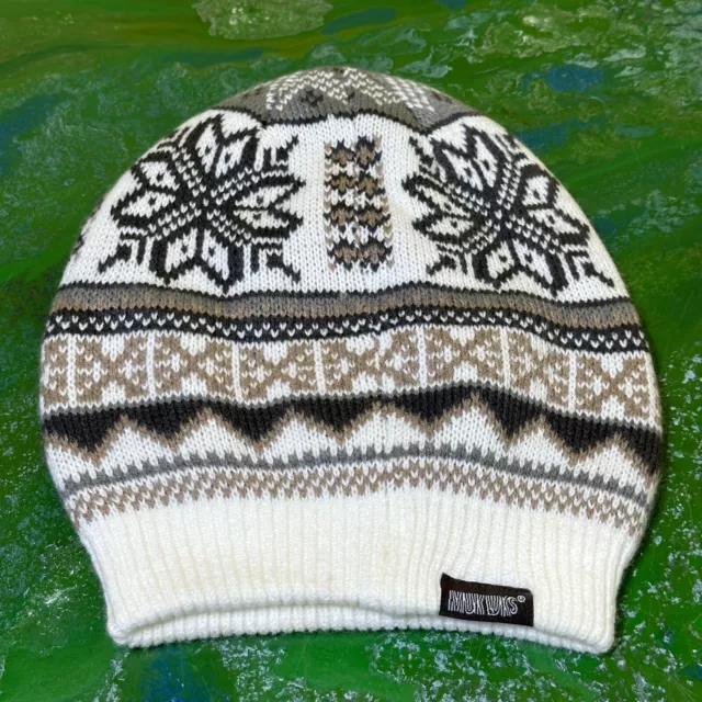 Women's Muk Luks Reversible Winter Hat Cap Beanie Fair Isle Pattern White Skiing