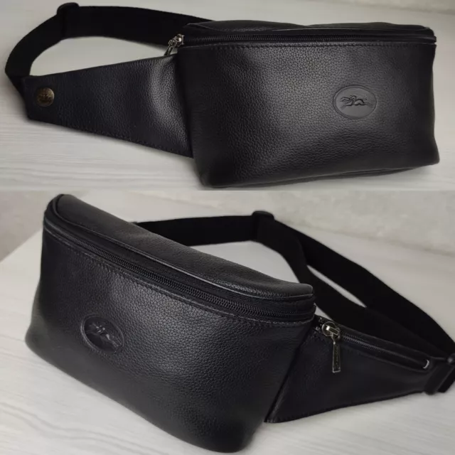 Longchamp Le Foulonne Vintage Belt Waist Fanny Bag Black Pebbled Leather Unisex