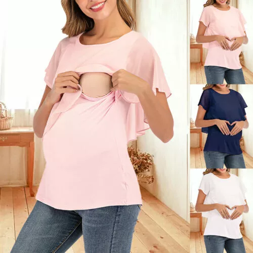 Pregnant Womens Breastfeeding  Tops Ladies Maternity Short Sleeve T Shirt Blouse