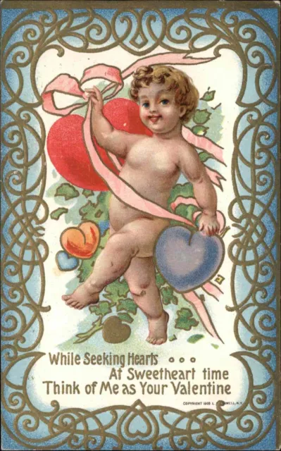 Valentine Fantasy Cupid Ribbons Ornate Border c1910 Vintage Postcard